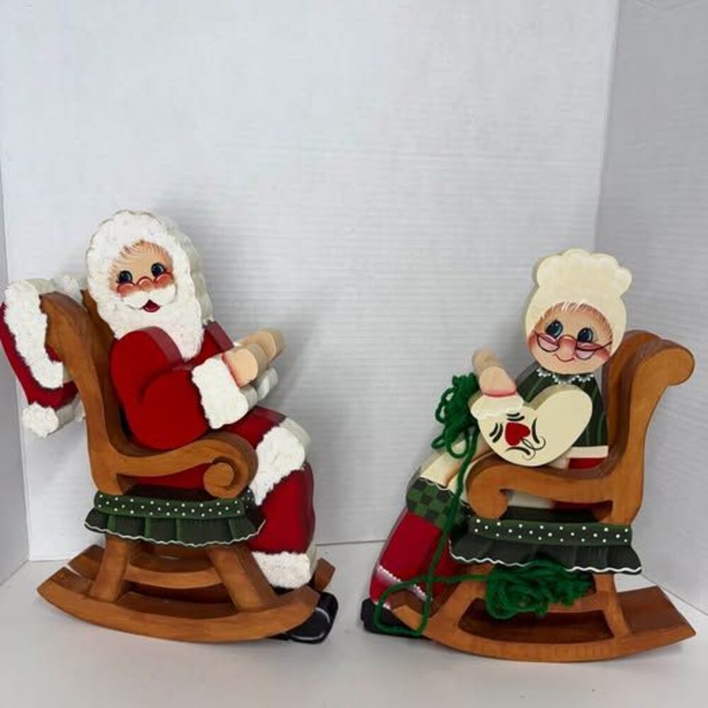 Vintage Wooden Rocking Santa and Mrs. Claus Figurines